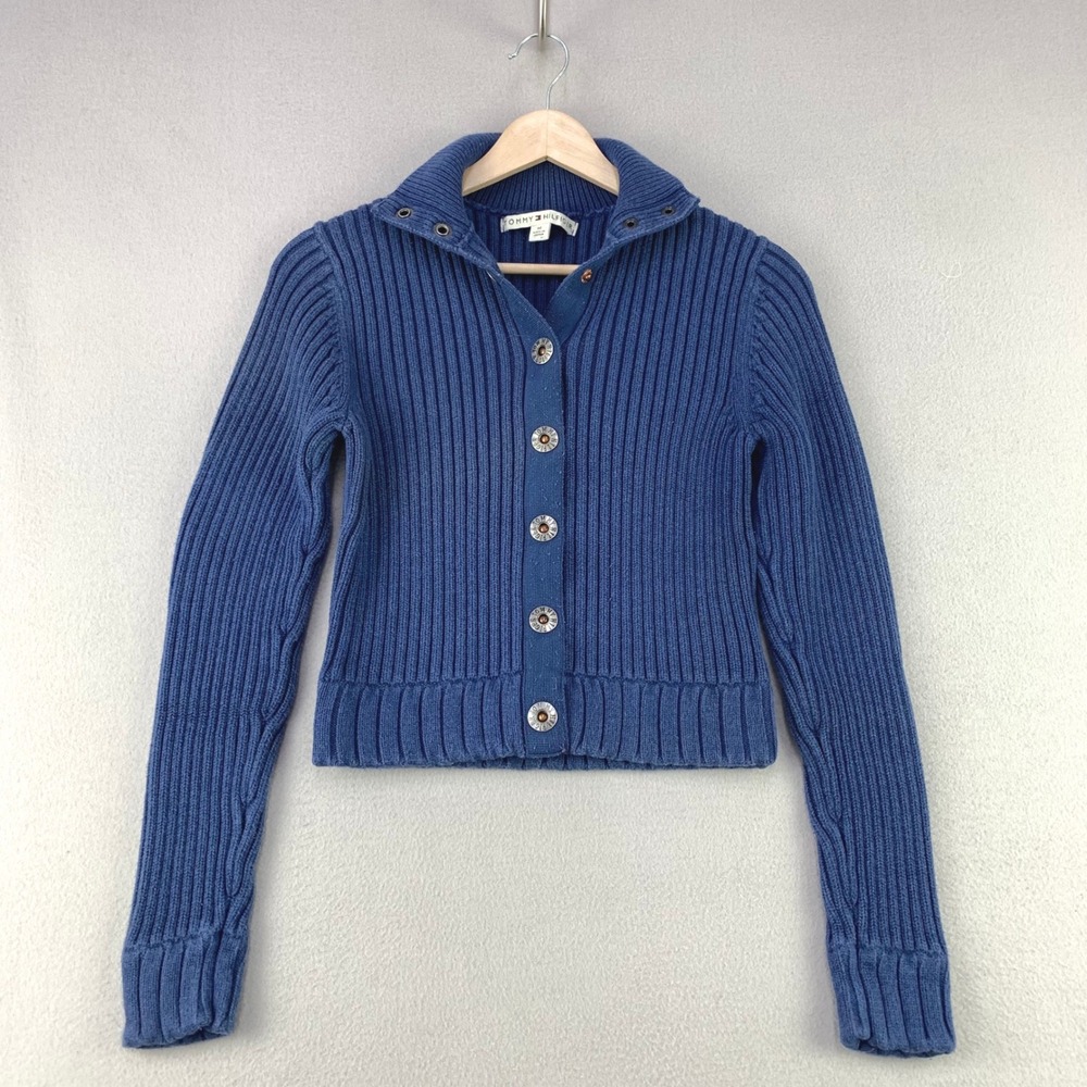 Y2K Tommy Hilfiger Ribbed Cardigan Sweater Women M Blue Casual Button Front